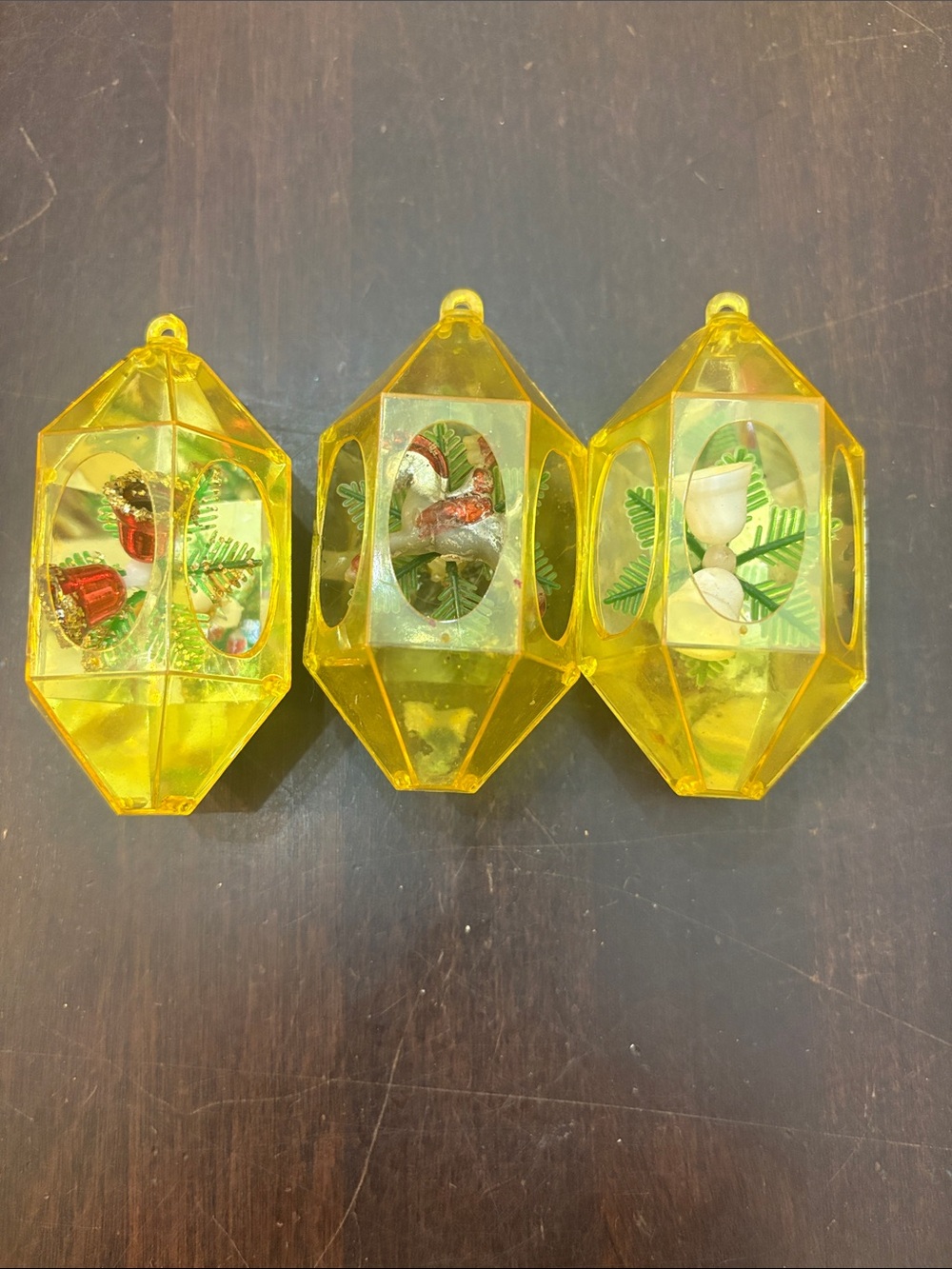 3 Jewel Brite Vintage Yellow Plastic Hanging Ornaments